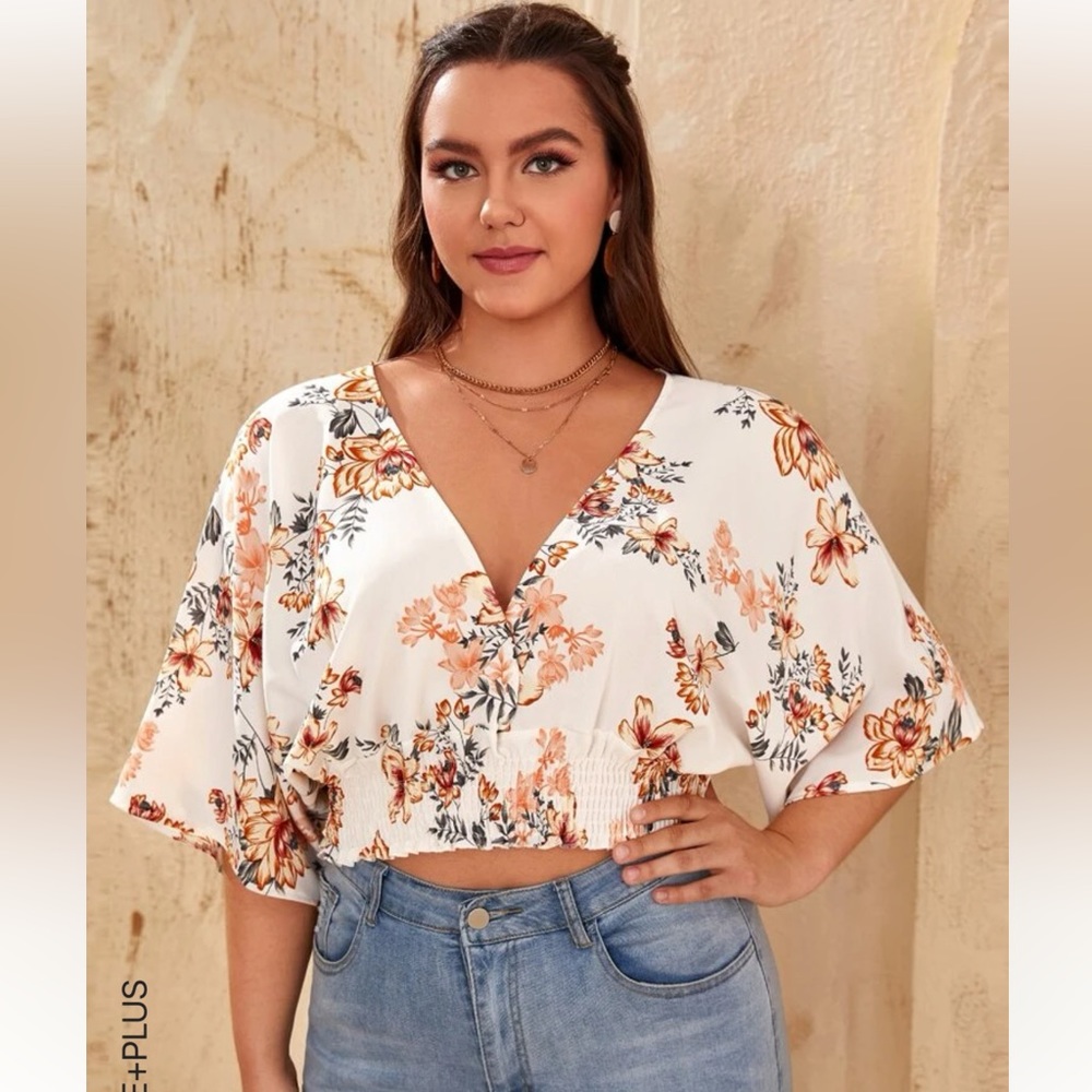 Shein plus floral batwing sleeve shirred top